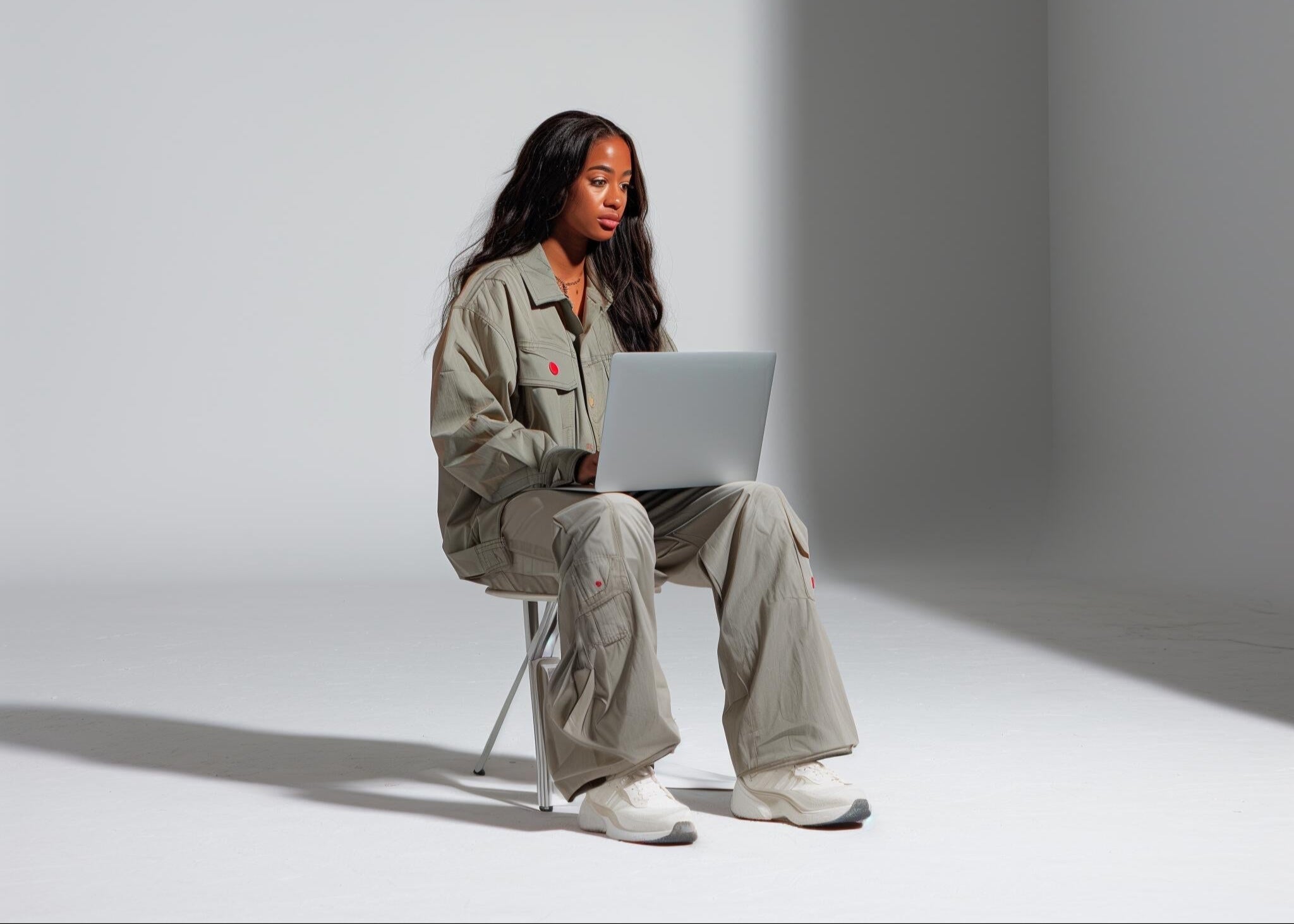 Person sitting on a chair using a laptop in a minimalistic setting